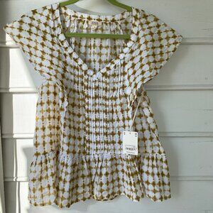 a.n.a. NWT shibori V-Neck ladies blouse in olive print short flutter sleeve S.